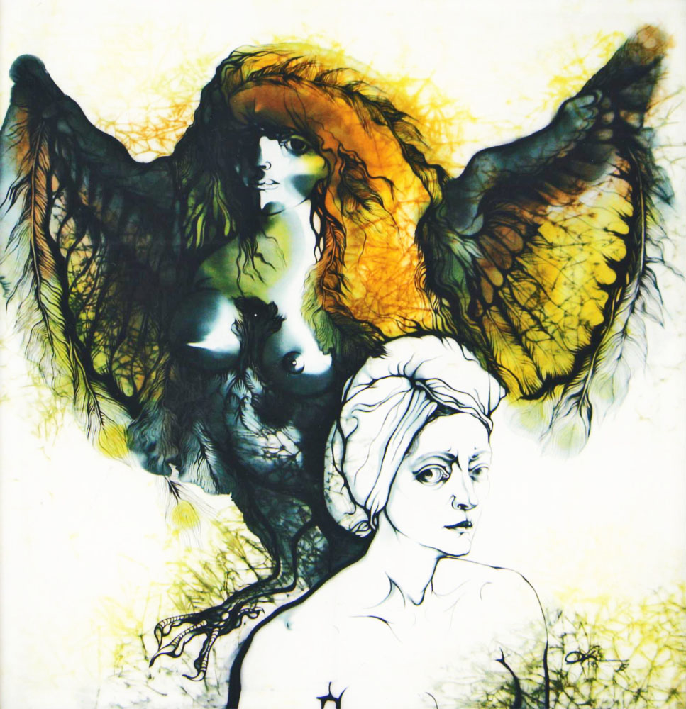 «Жіночий портрет із сиреною». 1987. Шовк, авторська техніка